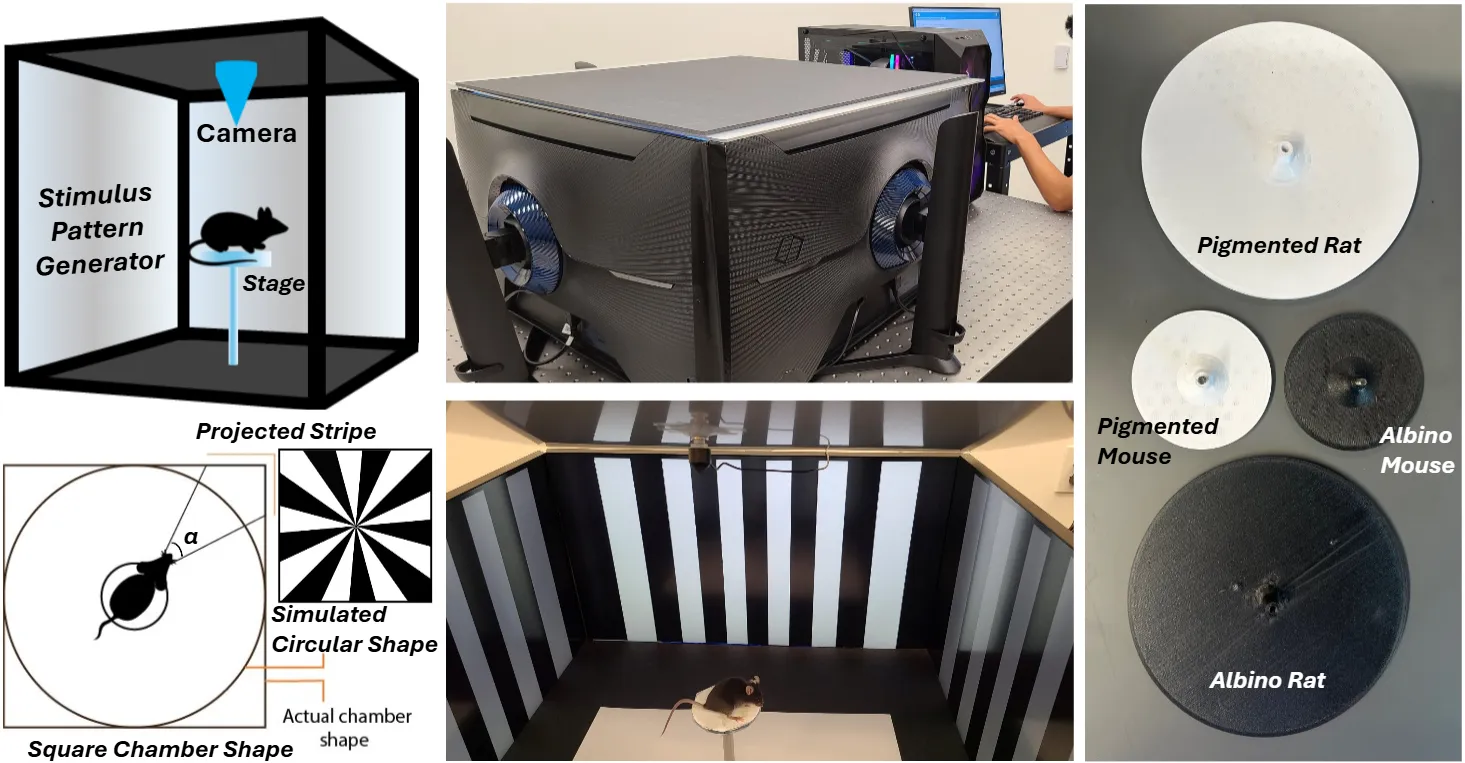 The AutoOMR hardware: four monitors arranged in a square around a central chamber, each displaying moving stripes distorted so the square enclosure reads as a circular drum from the mouse’s point of view.